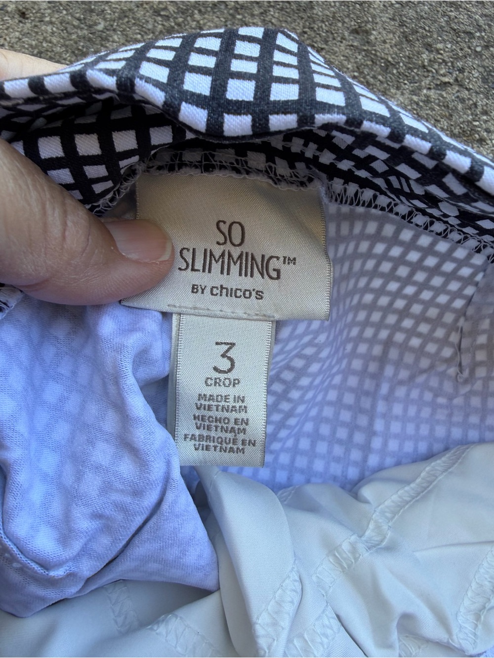 Size 3 Chico’s CHICOS SO SLIMMING GINGHAM CROP PANTS. Black and white.  Worn 1x - Picture 4 of 5